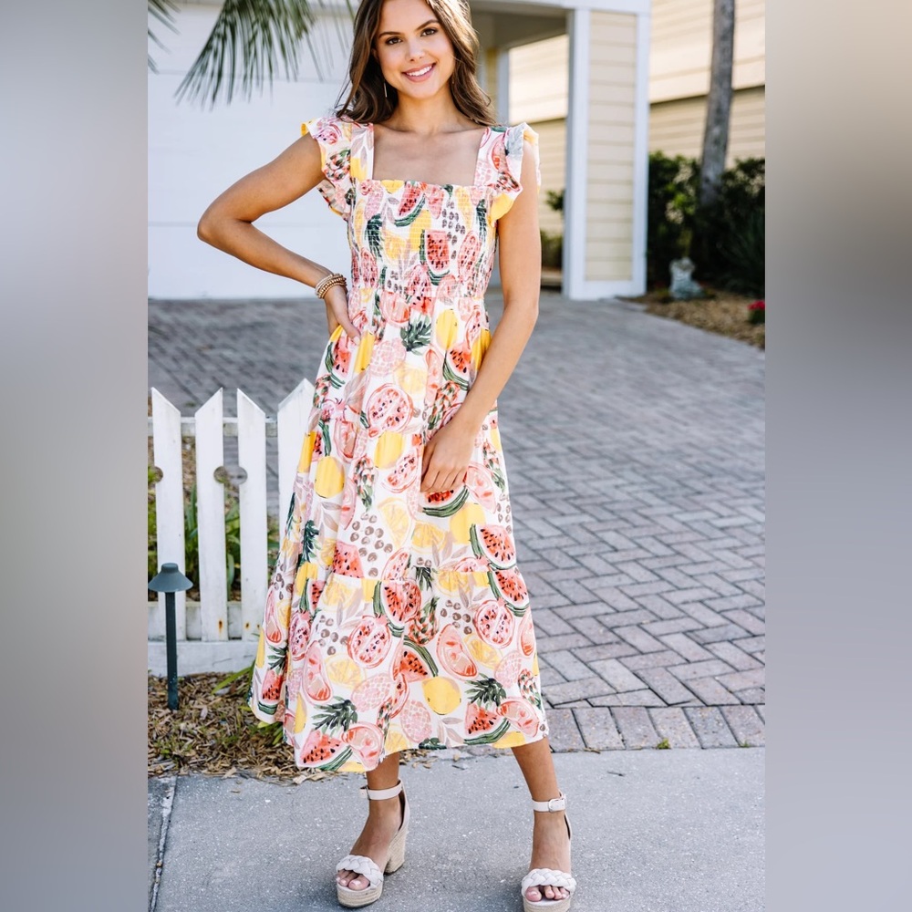Vici Pink Yellow Fruit-Print Midi Dress